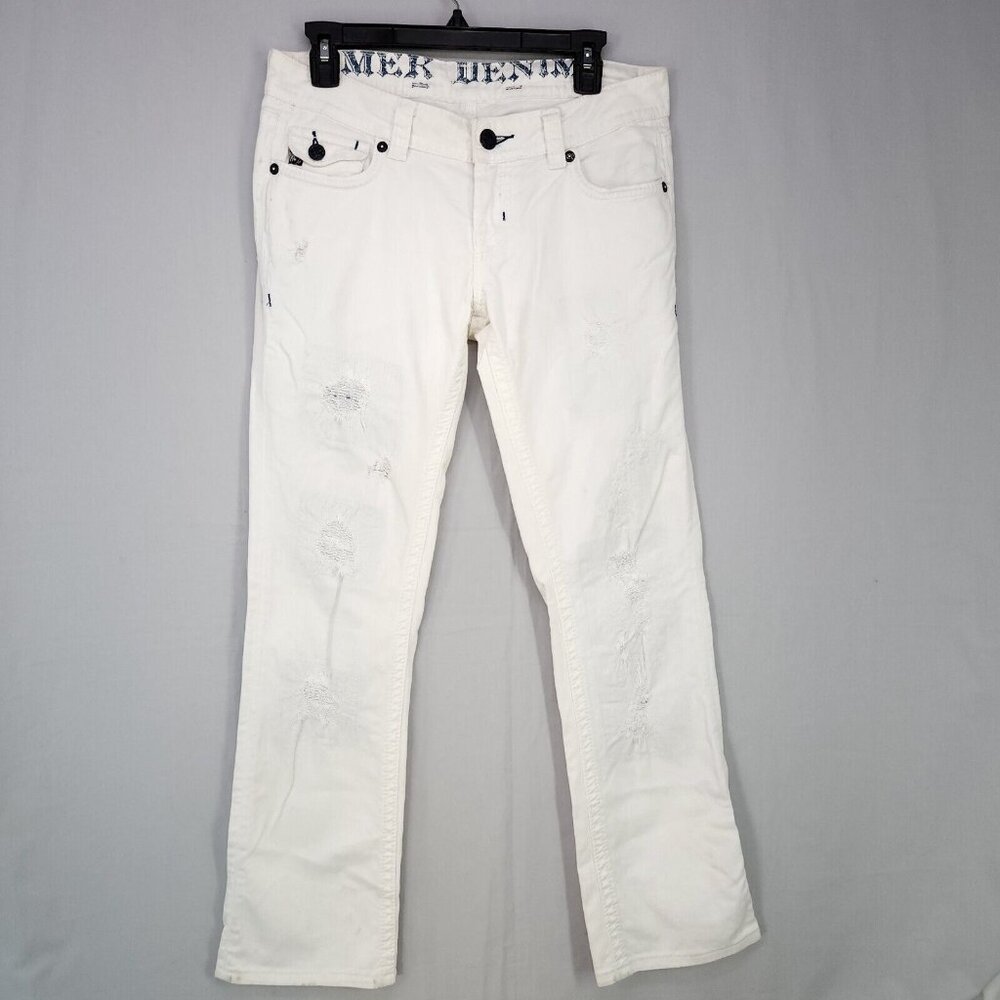 Mek Denim Straight Jeans Woman 28x34 Low Rise Distressed Stitched White